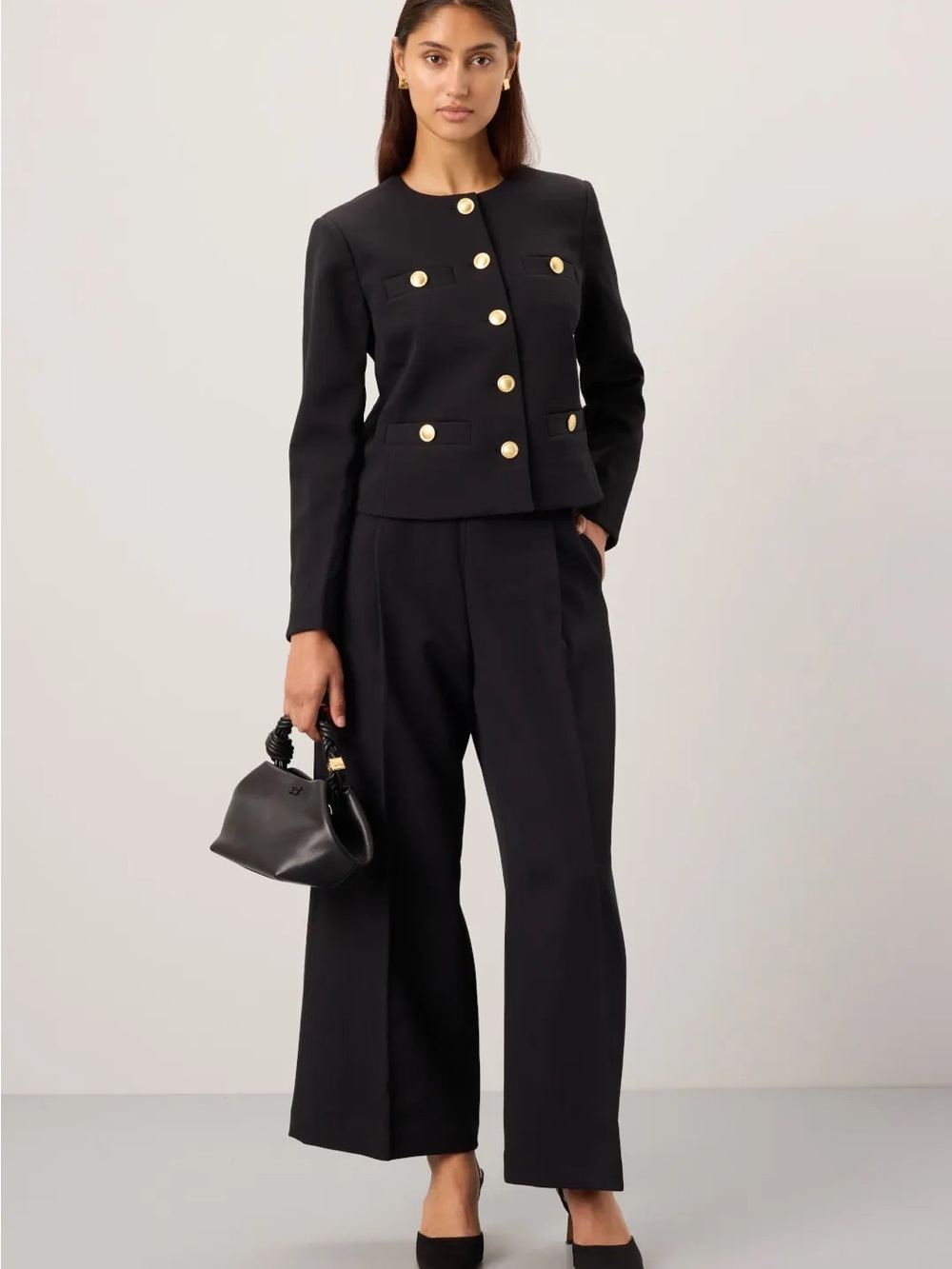 Rosetta Getty Collarless Black Jacket Gold Button Blazer Size 10 Workwear Chic